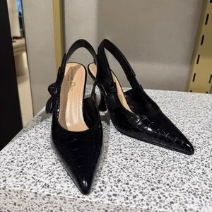 Dior Black Croc-Embossed Pointed Slingback Heels